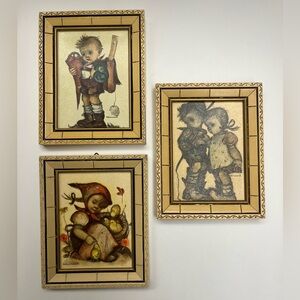 Vintage Set Of Three Hummel Prints In Bamboo Frames/ Rustic Style/Retro